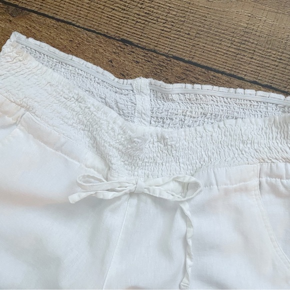 White Linen Blend Drawstring Pants Smocked Waist Flared by Lovetree - Picture 4 of 13